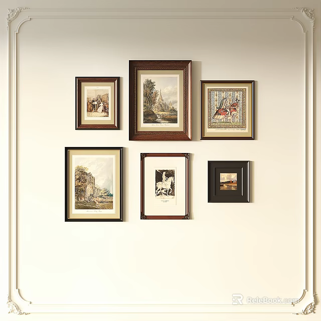 Abstract Paintings in Different Frames Hanging on Light Colored Wall with Various Styles 3d model