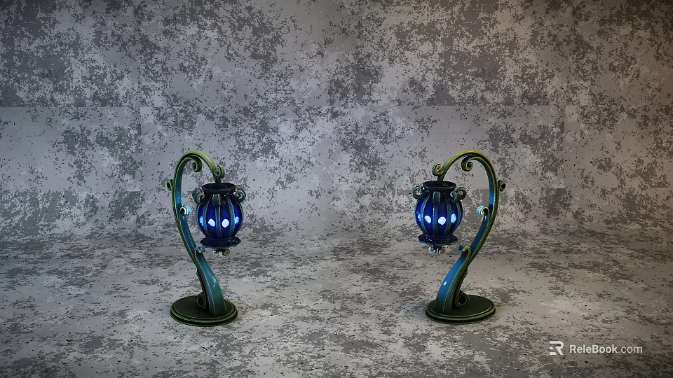 Abstract Shaped Table Lamps with Green Curved Stands Blue Lampshades and Circular Cutouts 3d model 