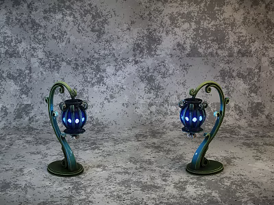 Abstract Shaped Table Lamps with Green Curved Stands Blue Lampshades and Circular Cutouts 3d model