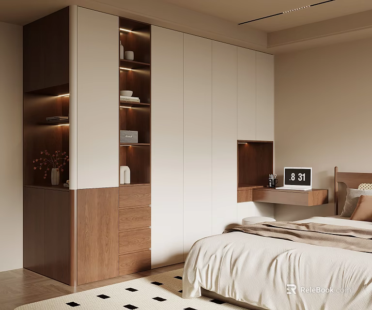 Modern Built in Wardrobe Interior Design With Wooden And White Panels In Bedroom 3d model 