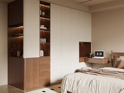 Modern Built in Wardrobe Interior Design With Wooden And White Panels In Bedroom 3d model