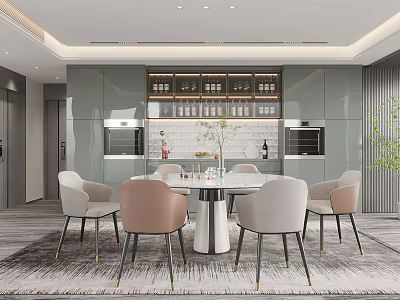 Modern Restaurant Interior With Open Design Round Dining Table Dining Chairs Kitchen Cabinets And Lighting 3d model