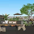 Modern Outdoor Garden Landscape With Sofa Fire Pit Plants Umbrella And Chairs