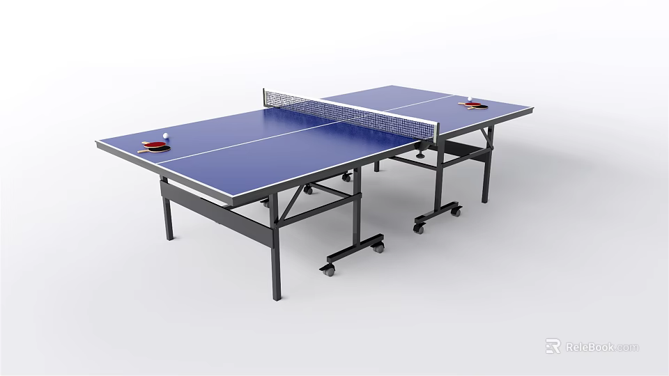 Professional Ping Pong Table With Blue Tabletop Net And Red Paddles On Wheeled Frame 3d model 