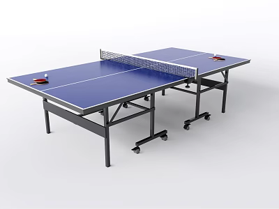 Professional Ping Pong Table With Blue Tabletop Net And Red Paddles On Wheeled Frame 3d model