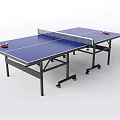 Professional Ping Pong Table With Blue Tabletop Net And Red Paddles On Wheeled Frame
