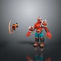 Red Skinned Horned Man Wearing Blue Pants Brown Boots With Shoulder Armor And Axe