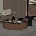 Modern Circular Brown Coffee Table with Books Magazines Vase and Small Gray Side Table 3d model