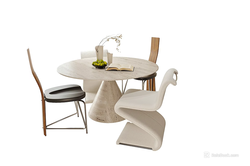 Modern Round Marble Table and Chair Set With Vase Plants Book and Potted Decor 3d model 