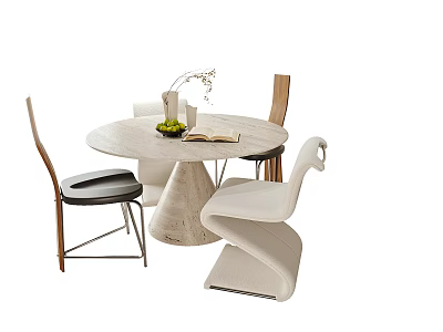 Modern Round Marble Table and Chair Set With Vase Plants Book and Potted Decor 3d model