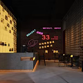 Modern Coffee Bar Interior With Bar Counter Tables Chairs And Wine Bottle Pattern Wall