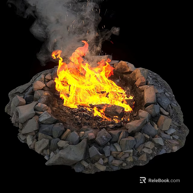 Outdoor Stone Circle Garden Fire Pit Feature With Bright Burning Flames 3d model 