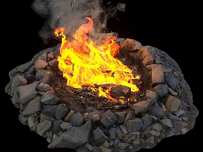 Outdoor Stone Circle Garden Fire Pit Feature With Bright Burning Flames 3d model