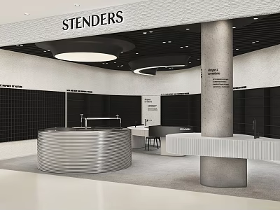 Modern Roman Curtains in Stenders Showroom with White Counter and Black Tile Walls 3d model