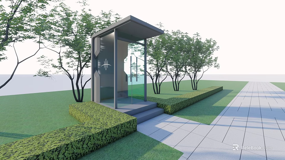 Modern Glass Pavilion Surrounded by Trees Trimmed Hedges and Stone Path 3d model