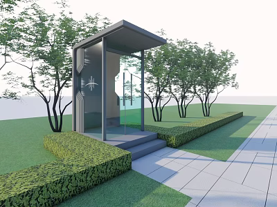 Modern Glass Pavilion Surrounded by Trees Trimmed Hedges and Stone Path 3d model