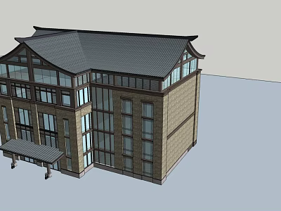 Multi Story Office Building With Chinese Style Roof And Modern Glass Windows 3d model