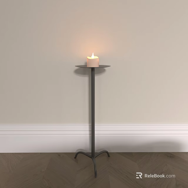 Tall Dark Candle Holder With Lit Candle Near Light Wall 3d model 