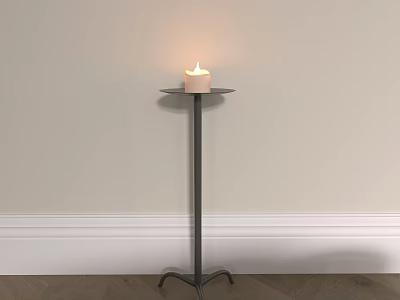 Tall Dark Candle Holder With Lit Candle Near Light Wall 3d model