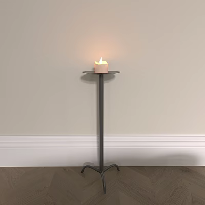 Tall Dark Candle Holder With Lit Candle Near Light Wall 3d model