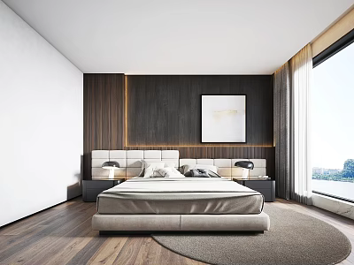 Modern Bedroom Interior With Wooden Wall Bed Bedside Tables Lamps Rug And Large Window View 3d model
