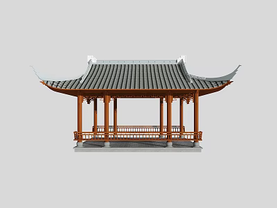 Ancient Architecture Traditional Design With Wooden Pillars Tile Roof And Elegant Railings 3d model