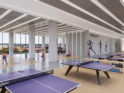 Indoor Sports Fitness Space with Ping Pong Tables People Exercising Large Windows and Wall Silhouettes 3d model