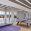 Indoor Sports Fitness Space with Ping Pong Tables People Exercising Large Windows and Wall Silhouettes