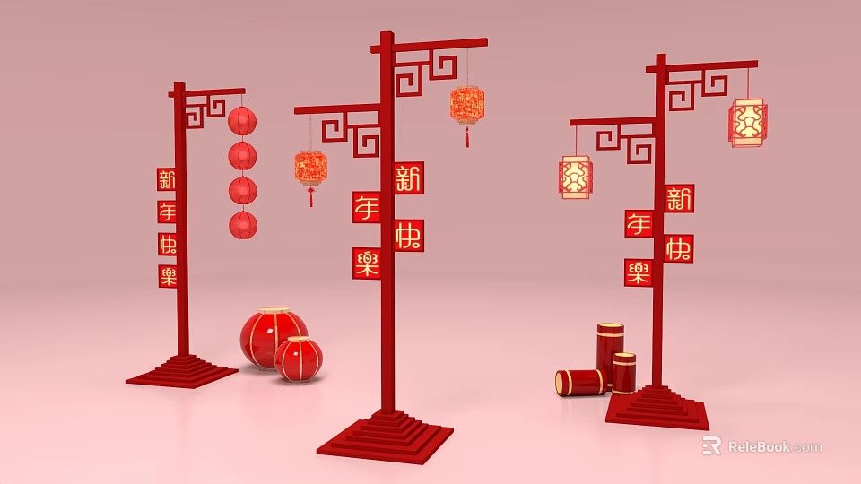 Chinese New Year Decorative Pillars With Red Lanterns And Festive Couplets 3d model 