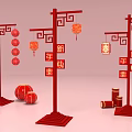 Chinese New Year Decorative Pillars With Red Lanterns And Festive Couplets