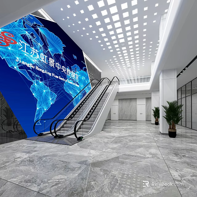 Hotel Lobby Interior With World Map Background Escalators Marble Floor And Plants 3d model 