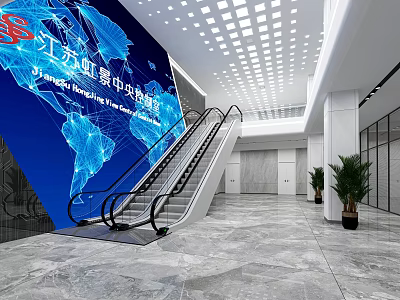Hotel Lobby Interior With World Map Background Escalators Marble Floor And Plants 3d model