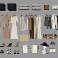 Neutral Toned Hanging Clothes Collection With Coats Dresses Bags Shoes And Hats