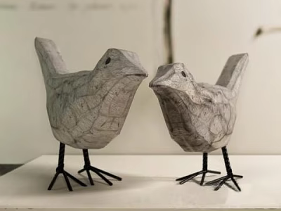 Gray Cracked Texture Bird Shaped Decorative Ornament Set With Black Thin Legs On White Base 3d model