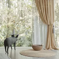 Gold Sheer Curtains In Bedroom With Natural Forest View And Wooden Blinds