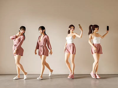 Women In Pink Casual Outfits Posing Selfie And Walking Indoors With Light Wall 3d model Women In Pink Casual Outfits Posing Selfie And Walking Indoors With Light Wall 3d model