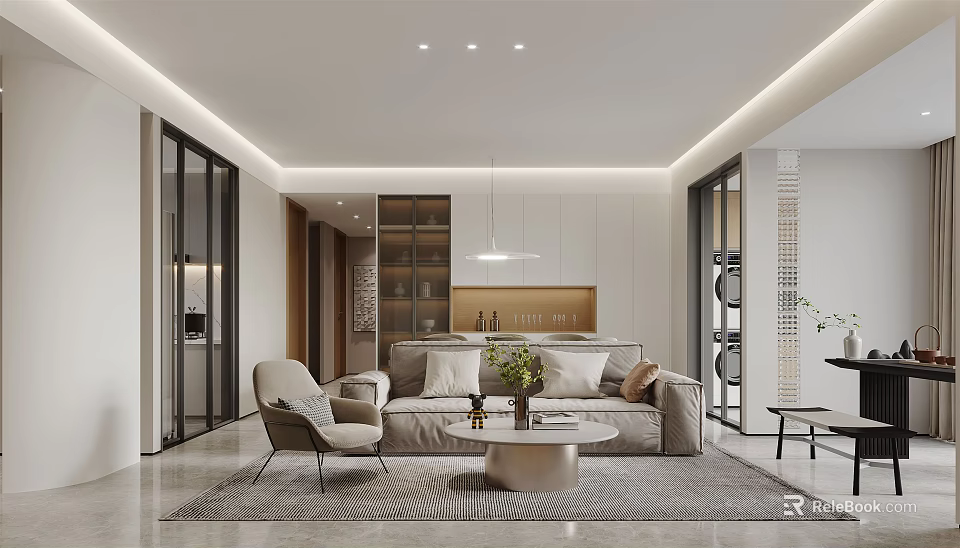 Modern Living Dining Room Interior With Light Gray Sofa Beige Armchair And Round Coffee Table 3d model 