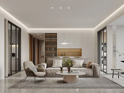 Modern Living Dining Room Interior With Light Gray Sofa Beige Armchair And Round Coffee Table 3d model