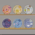 Colorful Decorative Plates With Various Cute Patterns On Two Wooden Shelves