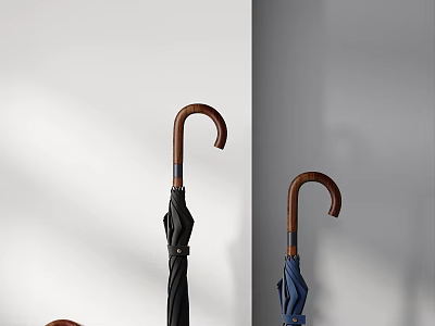 Classic Standing Black And Blue Umbrellas With Wooden Curved Handles 3d model