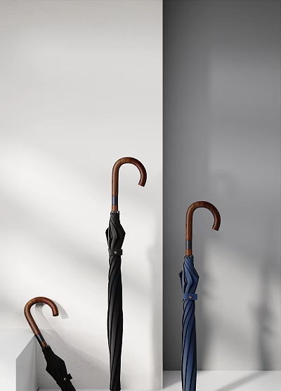 Classic Standing Black And Blue Umbrellas With Wooden Curved Handles 3d model