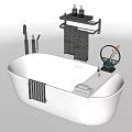 White Freestanding Bathtub With Black Caddy Toiletries Towel And Cleaning Tools