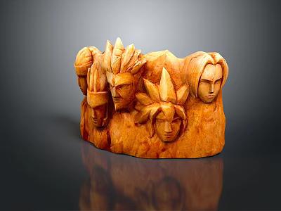 Wooden Sculpture Carving with Multiple Human Faces and Intricate Wood Grain Details 3d model