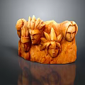 Wooden Sculpture Carving with Multiple Human Faces and Intricate Wood Grain Details