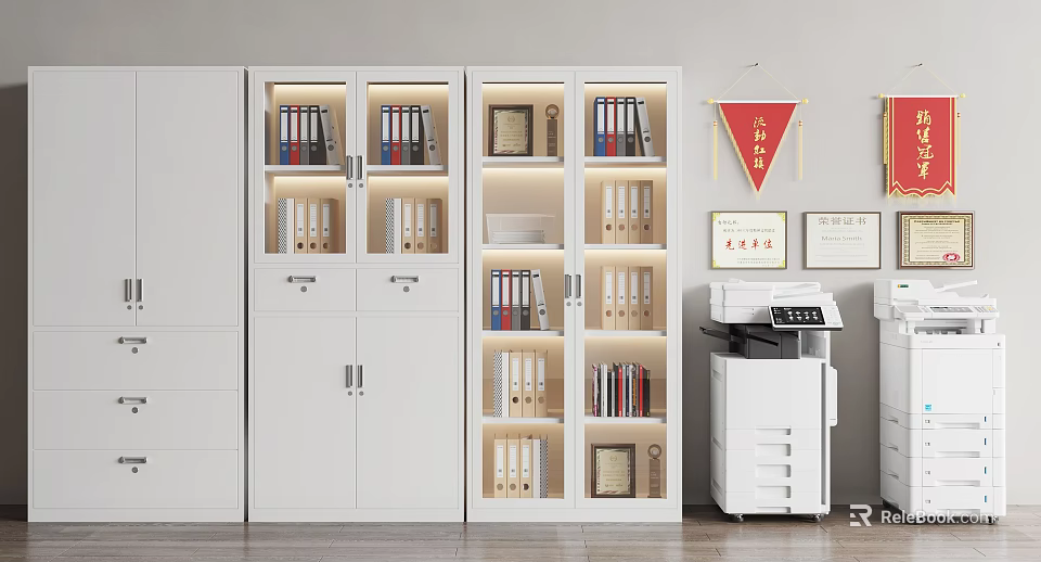 White Office Bookcase With Glass Doors Books Folders And Decorative Items 3d model 