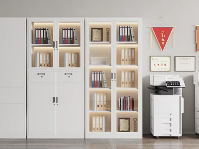 White Office Bookcase With Glass Doors Books Folders And Decorative Items 3d model