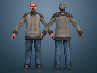 Elderly Male Character Wearing Gray Sweater and Blue Pants Front Back Views 3d model