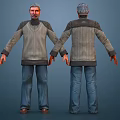 Elderly Male Character Wearing Gray Sweater and Blue Pants Front Back Views