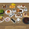 Assorted Delicious Foods Arranged On Wooden Table With Donuts Cookies Cake Fruits Coffee And Tea