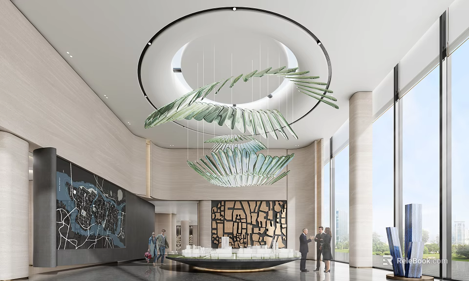 Modern Sales Office Lobby With Unique Glass Chandelier Artistic Decor And Large Windows 3d model 